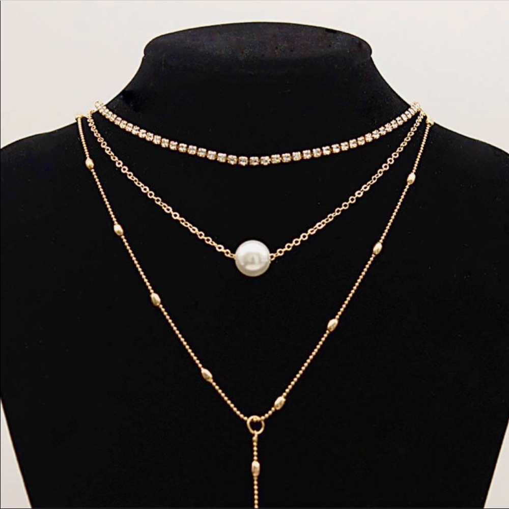 LAST 1! Layered Necklace Gold Pearl Diamond - Picture 3 of 7